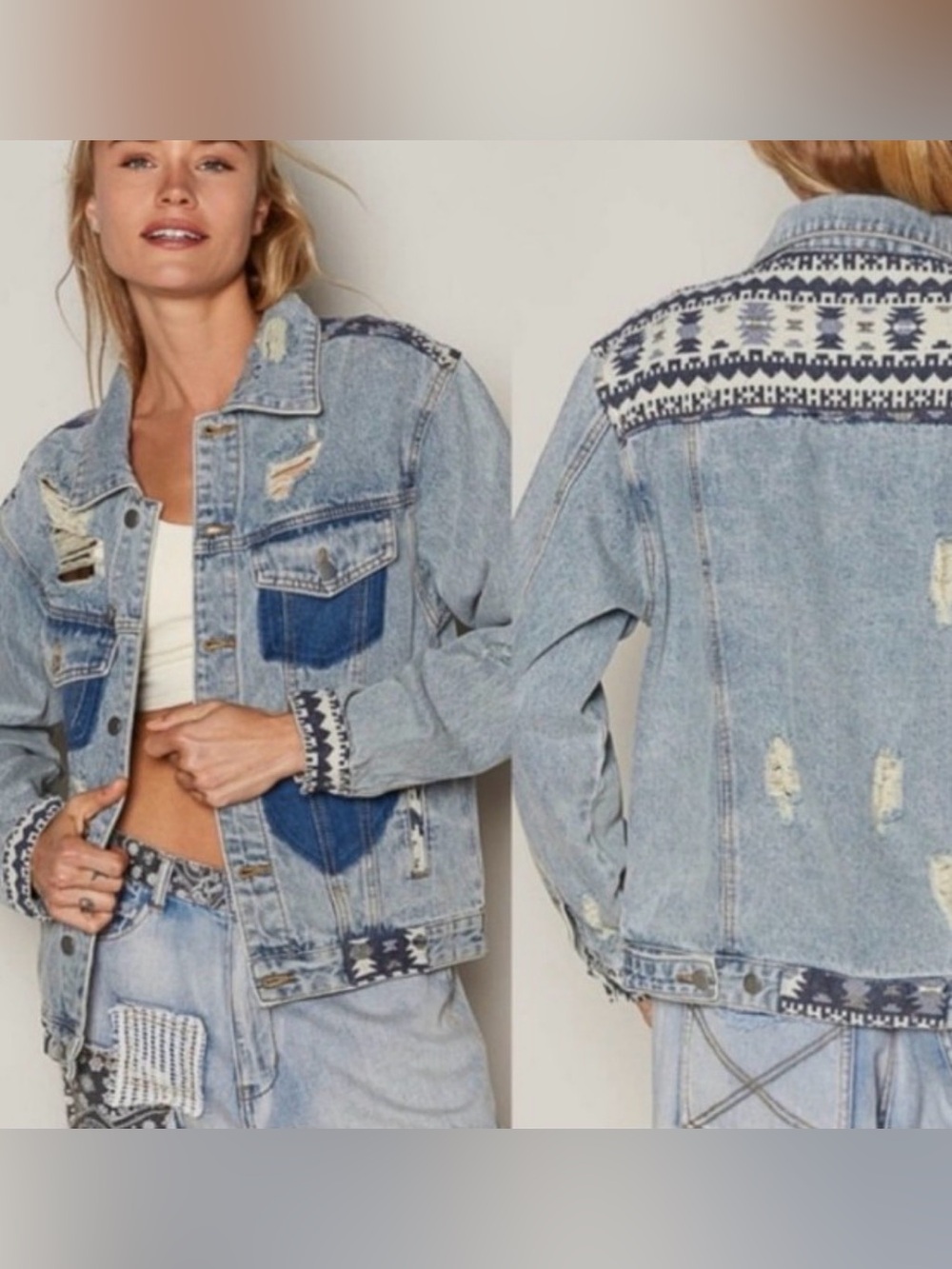 POL Clothing Distressed Denim Trucker Jacket Southwest Aztec Heart sz M - Picture 5 of 12